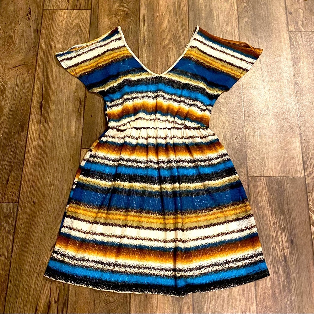 IZ Byer Striped Knee Dress Blue Brown Boho Fit Flare Medium - Picture 2 of 6